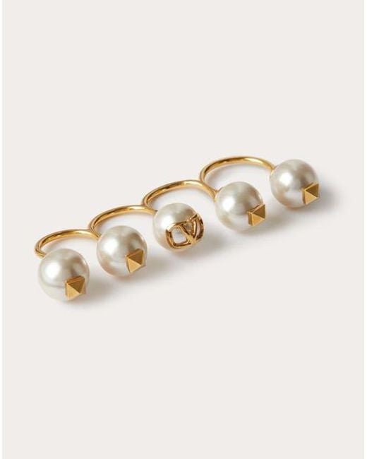 Valentino Garavani Natural Vlogo Signature Set Of Metal Rings With Swarovski® Pearls
