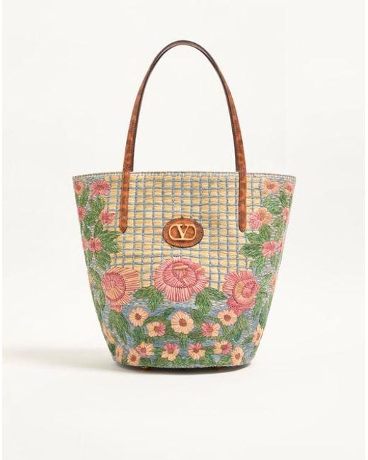 Valentino Garavani Multicolor Panier De Fleurs Medium Embroidered Raffia Shopping Bag