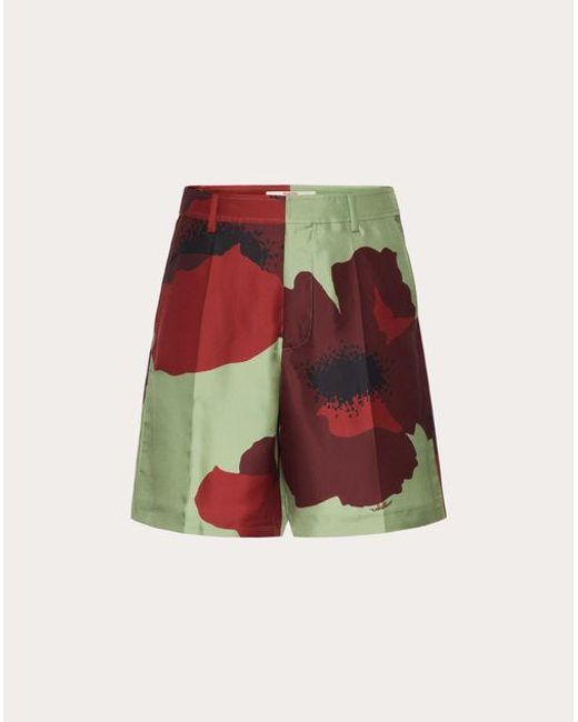 Valentino Red Silk Twill Bermuda Shorts With Flower Portrait Print for men