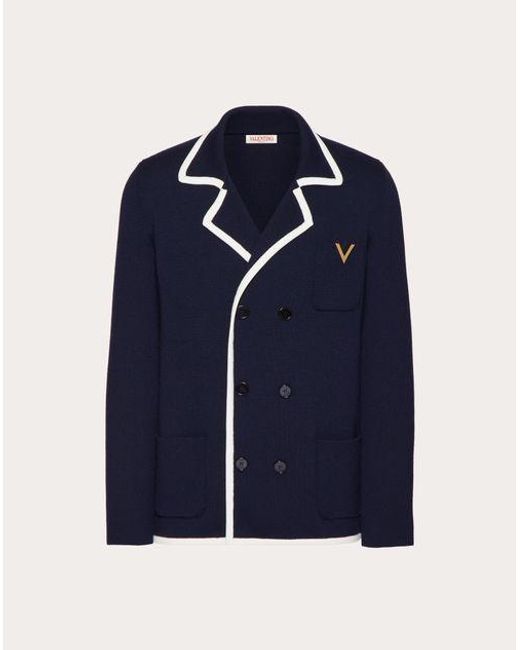 Valentino Blue Double-breasted Wool Jacket With Metallic V Detail for men