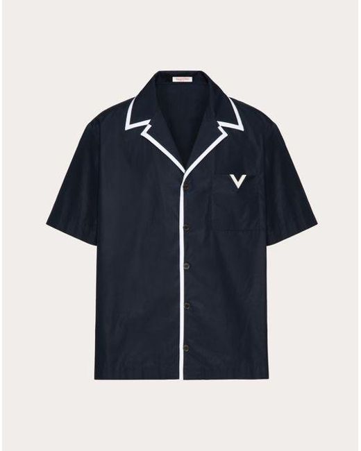 Valentino Blue Cotton Poplin Bowling Shirt With Rubberised V Detail for men