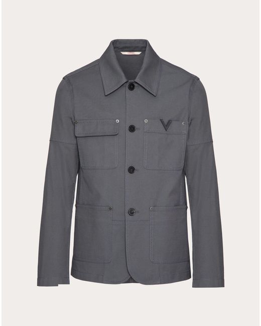 Valentino Gray Stretch Cotton Canvas Jacket With Metallic V Detail for men