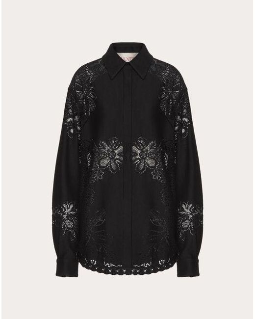 Valentino Black Overshirt In Cotton Guipure Jardin Plat