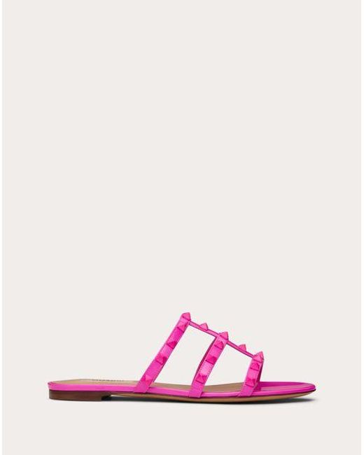 Valentino Garavani Pink Rockstud Patent Leather Flat Slide Sandal