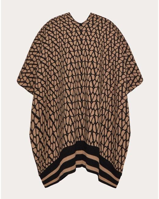 Valentino Brown Toile Iconographe Knit Poncho In Wool And Jacquard