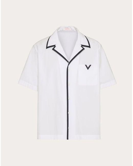 メンズ Valentino Vディテール ラバー加工 コットン ポプリン ボウリングシャツ おとこ ホワイト Blue