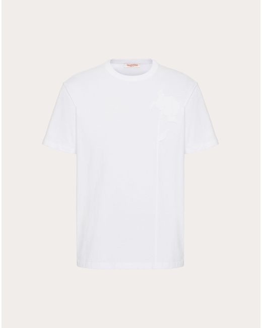 Valentino White Mercerised Cotton T-shirt With Flower Embroidery for men
