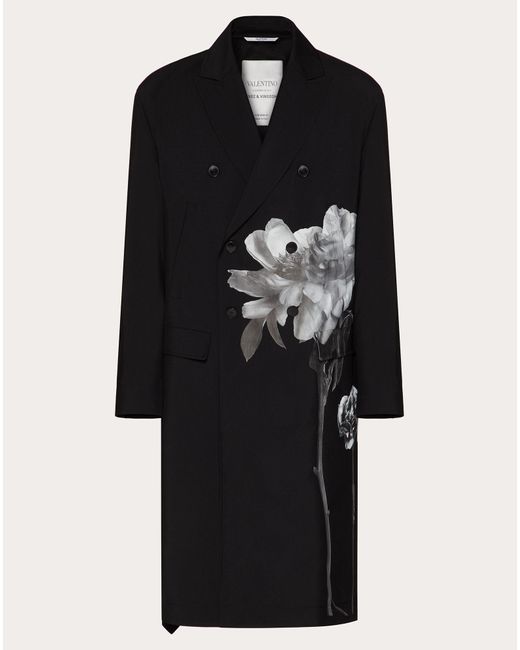 Valentino Black D/b Coat With Flowersity Print And Belted Open Side for men