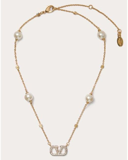 Valentino Garavani Natural Vlogo Signature Metal Necklace With Swarovski® Crystals And Pearls