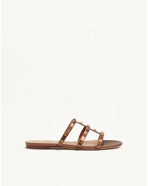 Valentino Garavani Natural Rockstud Flat Metallic Nappa Slide Sandal