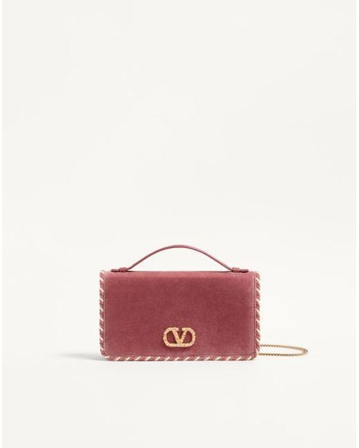 Valentino Garavani Pink Vlogo Signature Velvet Chain Wallet With Jewel Logo