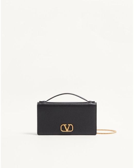 Valentino Garavani Black Vlogo Signature Grainy Calfskin Wallet With Chain
