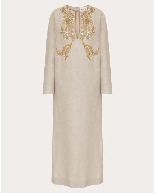 Valentino Natural Embroidered Linen Canvas Midi Dress