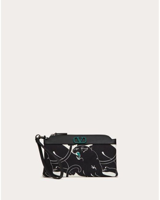 Valentino Garavani White Escape Canvas Clutch Bag With Panther Print And Jewel Logo