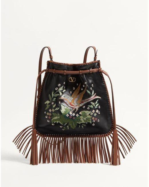 Valentino Garavani Black Nellcôte Alice Embroidered Bag With Fringes