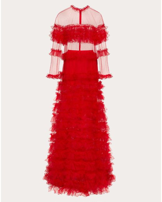 Valentino Red Tulle Evening Dress With Ruffles