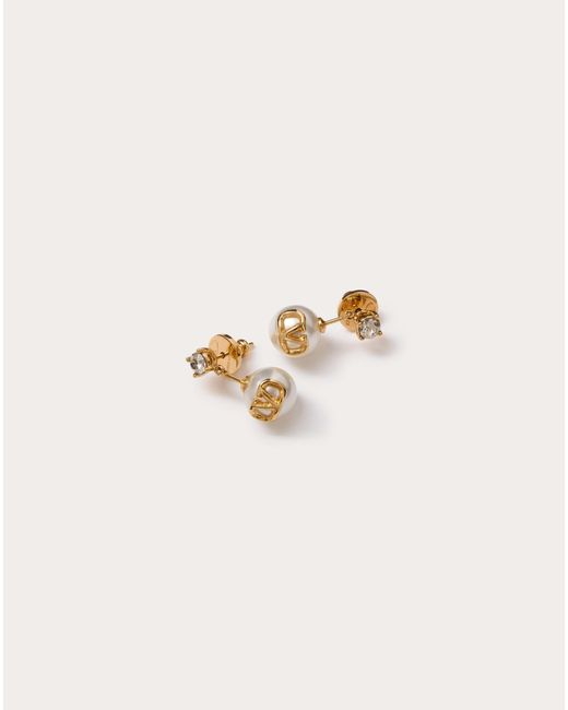 Valentino Garavani Natural Vlogo Signature Metal Earrings With Swarovski® Crystals And Resin Pearls