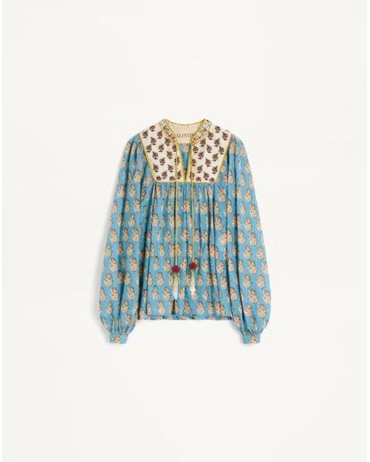 Valentino Blue Cotton And Lurex Top With Petales D'Amour Embroidered Print