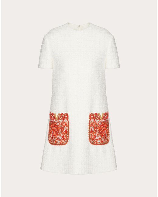 Valentino White Embroidered Wool Tweed Short Dress