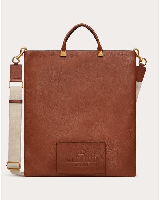 Valentino Garavani Brown Identity Flat Leather Tote Bag for men