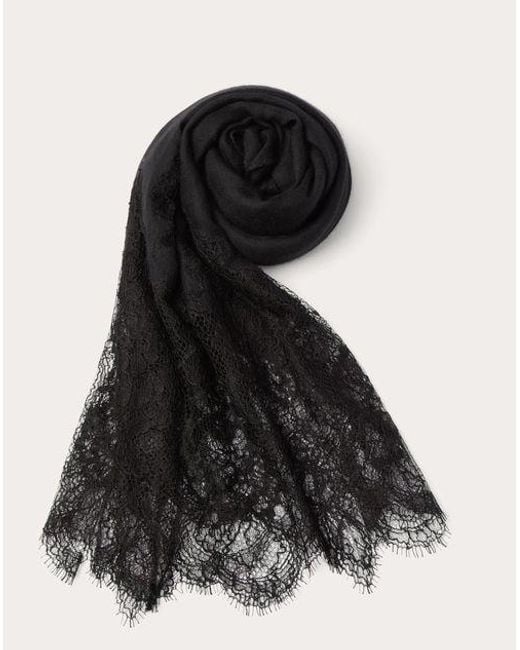 Valentino Garavani Black Lace Stole In Cashmere And Wool With Lace Detail