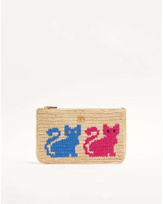 Valentino Garavani White Raffiachat Raffia Clutch With Embroidery