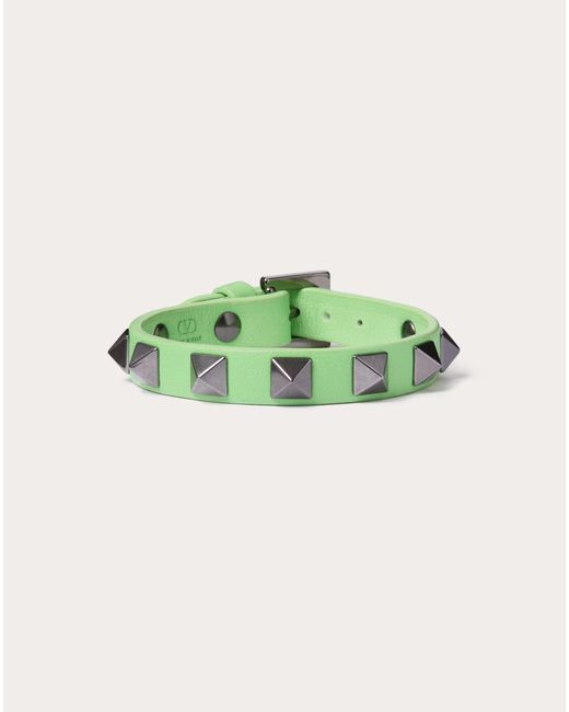 Valentino Garavani Green Rockstud Leather Bracelet With Ruthenium Studs for men