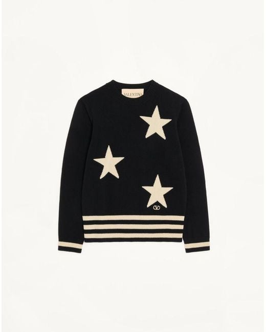 Valentino Black Wool Crewneck Jumper With Star Motif And Vlogo Embroidery for men