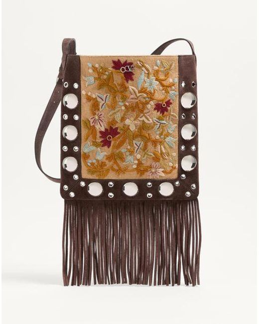 Valentino Garavani Brown Nellcôte Embroidered Shoulder Bag With Fringes