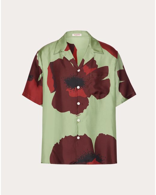 Valentino Red Silk Twill Bowling Shirt With Flower Portrait Print for men