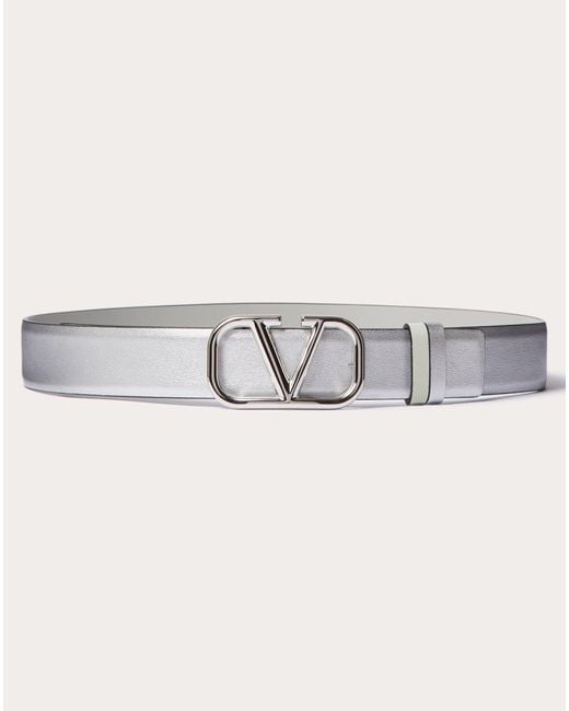 Valentino Garavani Gray Vlogo Signature Reversible Belt In Metallic And Shiny Calfskin 30 Mm