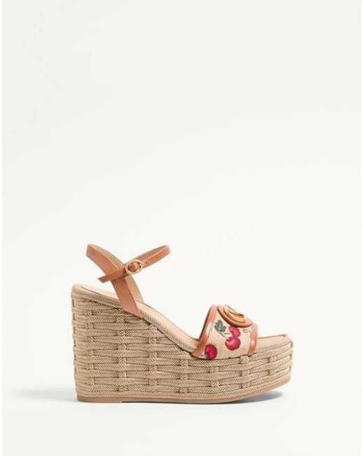 Valentino Garavani Natural Vlogo Signature Cherryfic Pattern Wedge Sandal 120Mm