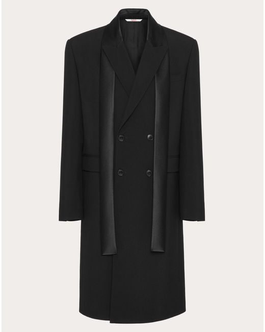 Valentino Black Double-breasted Wool Coat With Nylon Scarf Collar for men
