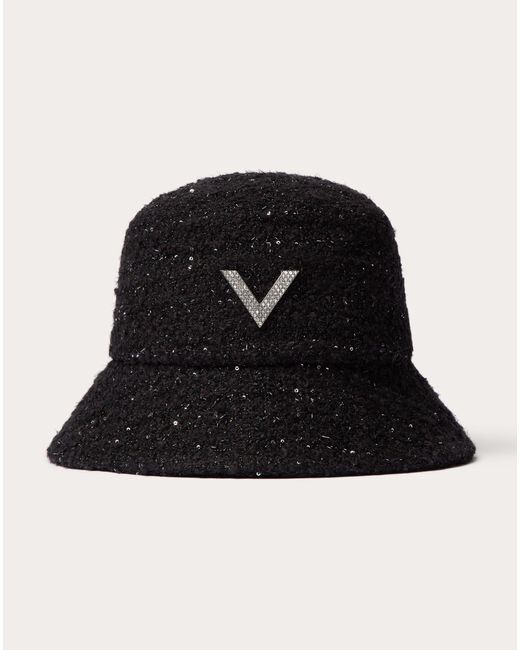 Valentino Garavani Black V Detail Tweed Bucket Hat With Metal V Appliqué And Swarovski® Crystal Pavé