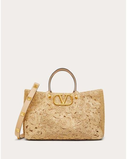 Valentino Garavani Natural Medium Shopping Bag In Lace-effect Raffia