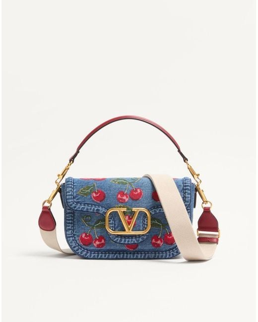 Valentino Garavani Blue Alltime Denim Shoulder Bag With Cherryfic Embroidery