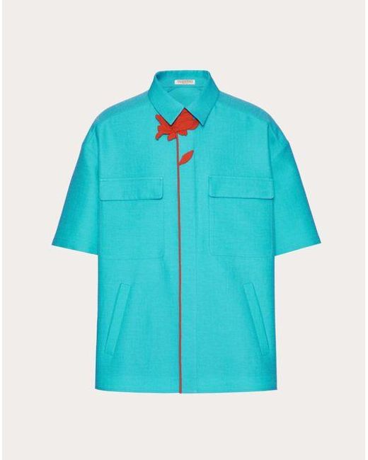 Valentino Blue Wool And Silk Bowling Shirt With Flower Embroidery for men
