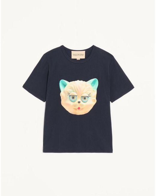 Valentino Blue Cotton T-Shirt With Le Chat De La Maison Print for men