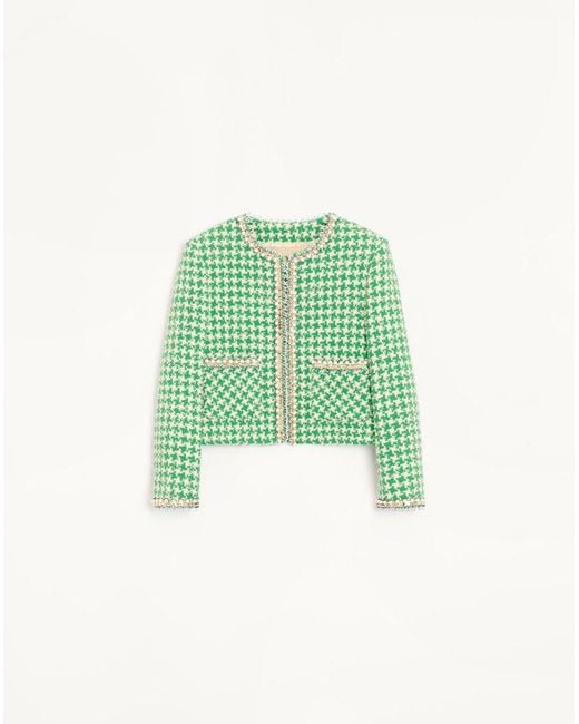 Valentino Green Embroidered Houndstooth Tweed Jacket