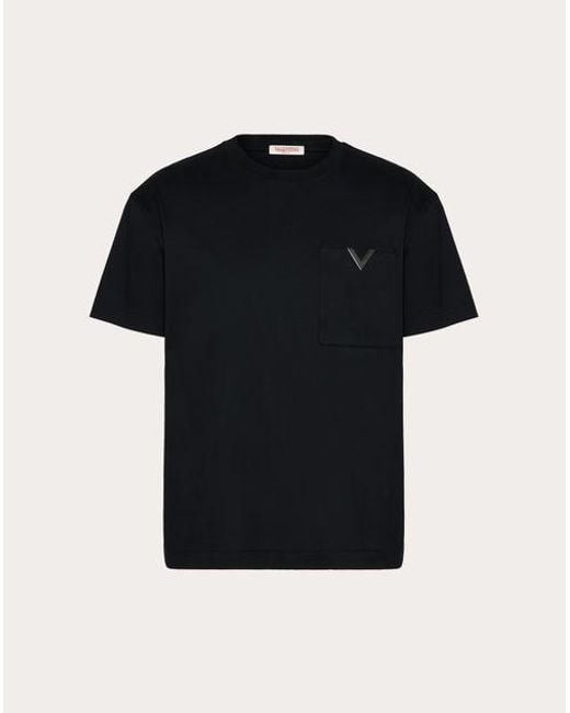 Valentino Black Cotton T-shirt With Metallic V Detail for men