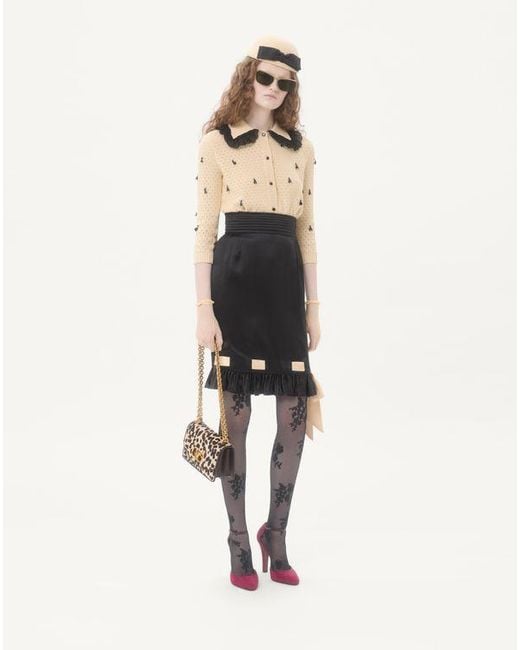 Valentino ダブルサテン ミディスカート 女性 ブラック/バーチ Black