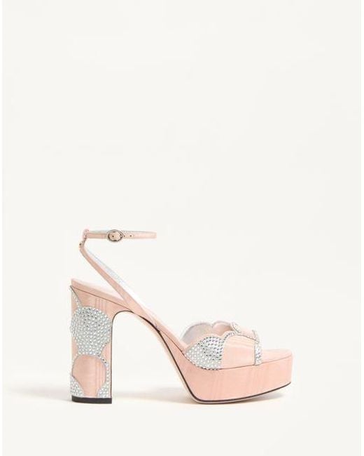 Valentino Garavani ボウワウ クリスタル モアレファブリック プラットフォームサンダル115mm 女性 ベージュ/シルバー Natural
