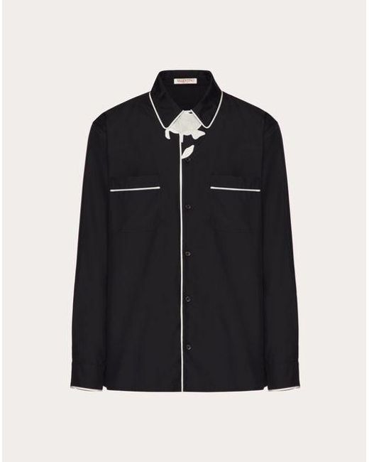 Valentino Black Silk Poplin Pyjama Shirt With Flower Embroidery for men