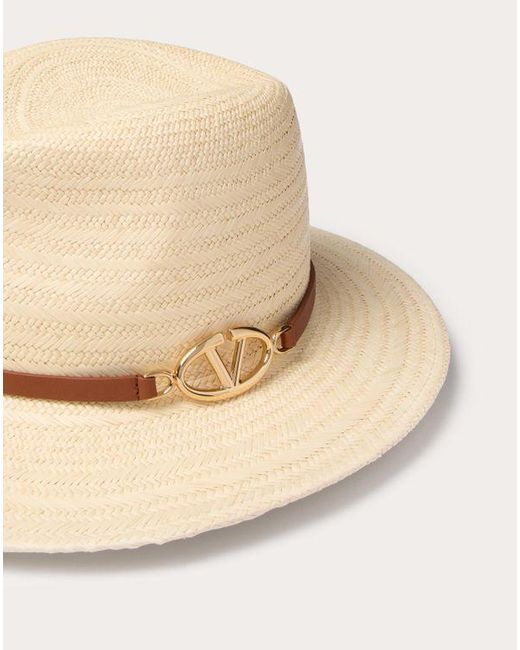 Valentino Garavani Natural The Bold Edition Vlogo Woven Panama Fedora Hat With Metal Detail