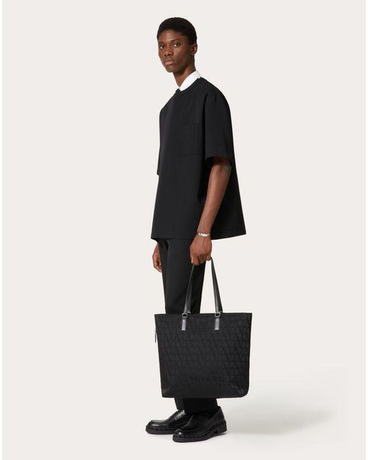 Valentino Garavani Black Toile Iconographe Shopping Bag In Technical Fabric With Leather Details for men