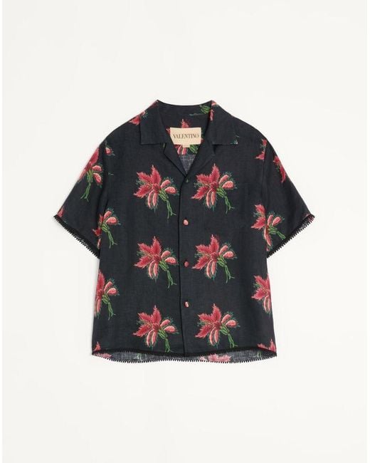 Valentino Blue Linen Bowling Shirt With Papier Floral Print 44 for men