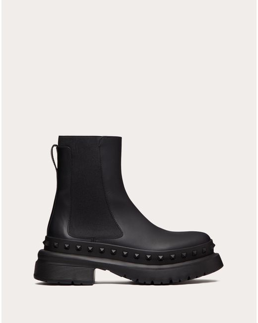 Valentino Garavani Black M-way Rockstud Ankle Boot In Calfskin Leather for men