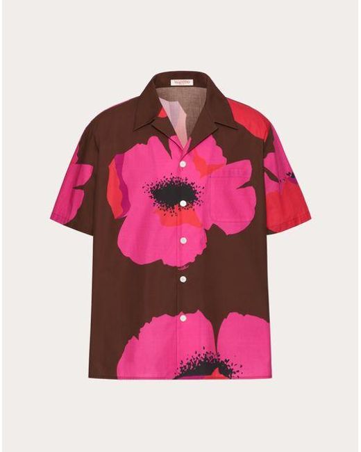 Camicia da bowling in popeline di cotone con stampa flower portrait di Valentino in Pink da Uomo