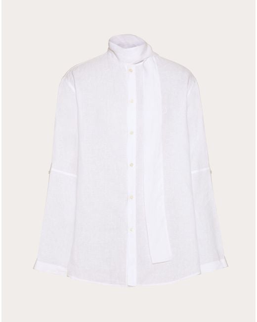 Valentino White Linen Shirt With Scarf Collar And Vlogo Signature Embroidery for men
