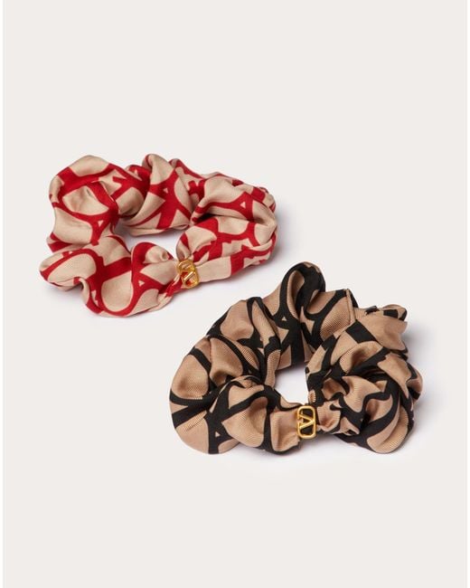 Valentino Garavani Red Toile Iconographe Scrunchies Set In Silk With Vlogo Appliqué